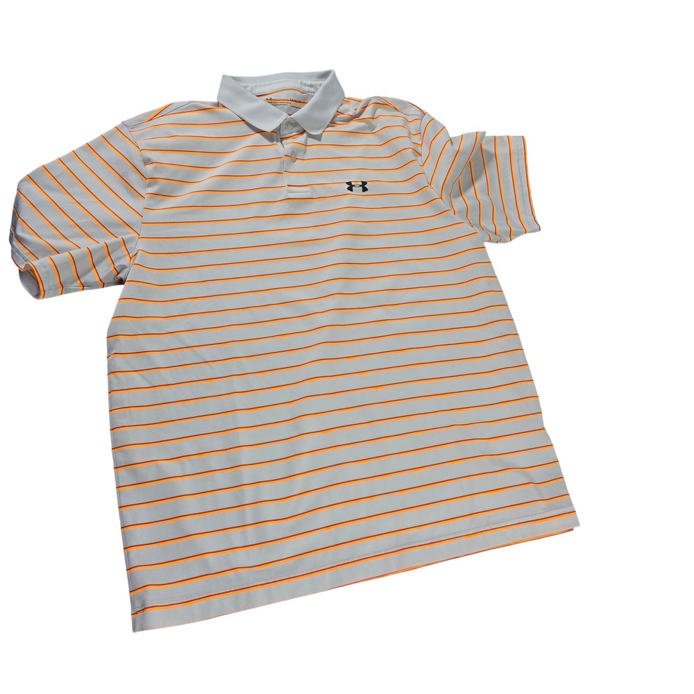 Under Armour Mens HeatGear Striped Polo Shirt White Orange Large Loose Fit